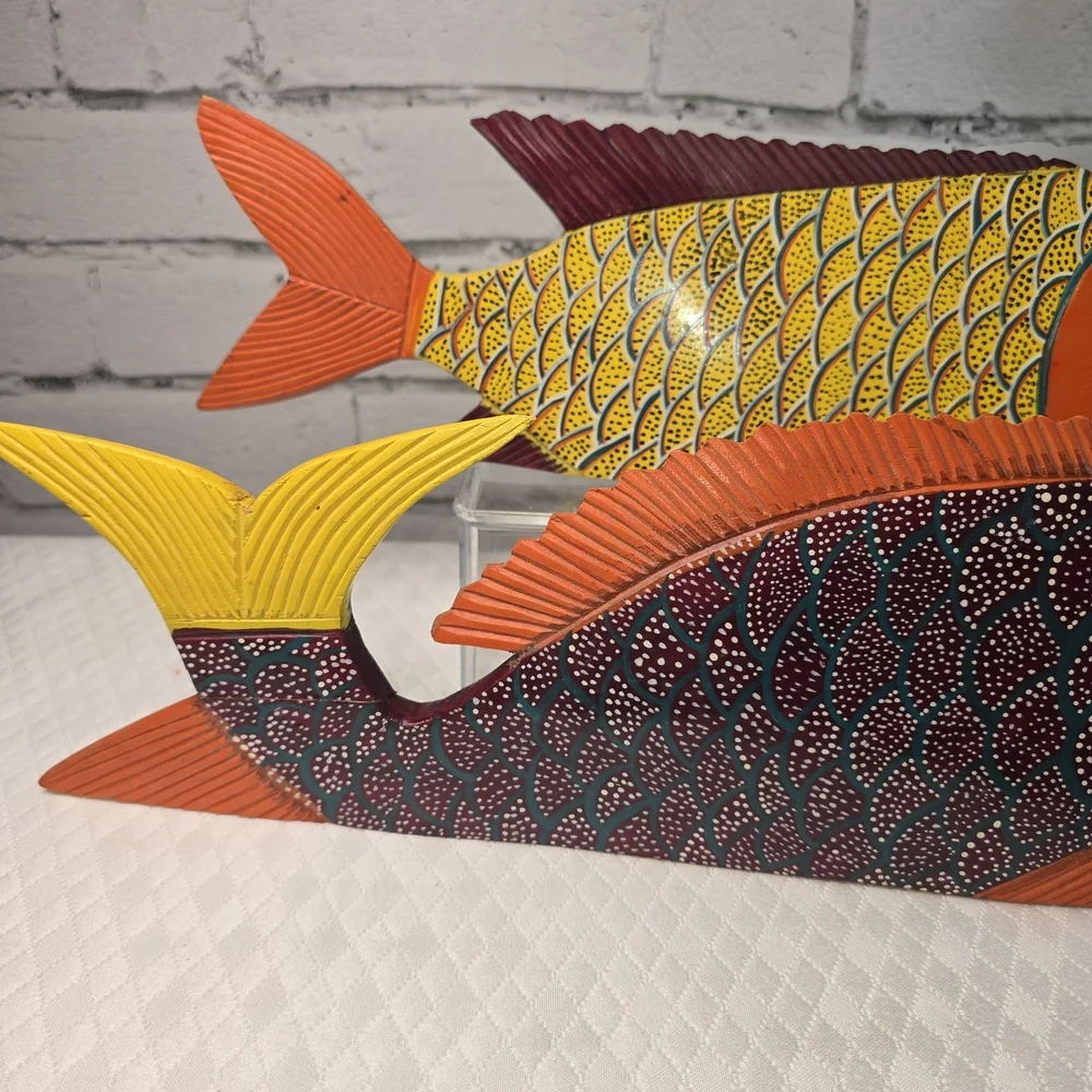 FOLK ART WOOD CARVED FISH SCULPTURE SET BRIGHT MEXICAN BEACH DECOR